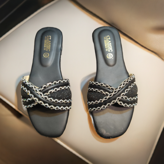 Elegant shiny steps flat slippers for women, stylish comfortable footwear, perfect for casual occasions.